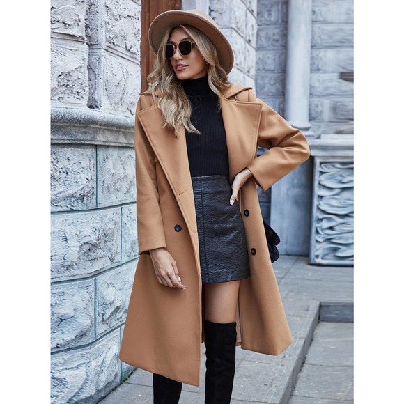 long line
 Double Breasted Overcoat pea coat peacoat tan khaki camel brown - Picture 9 of 9